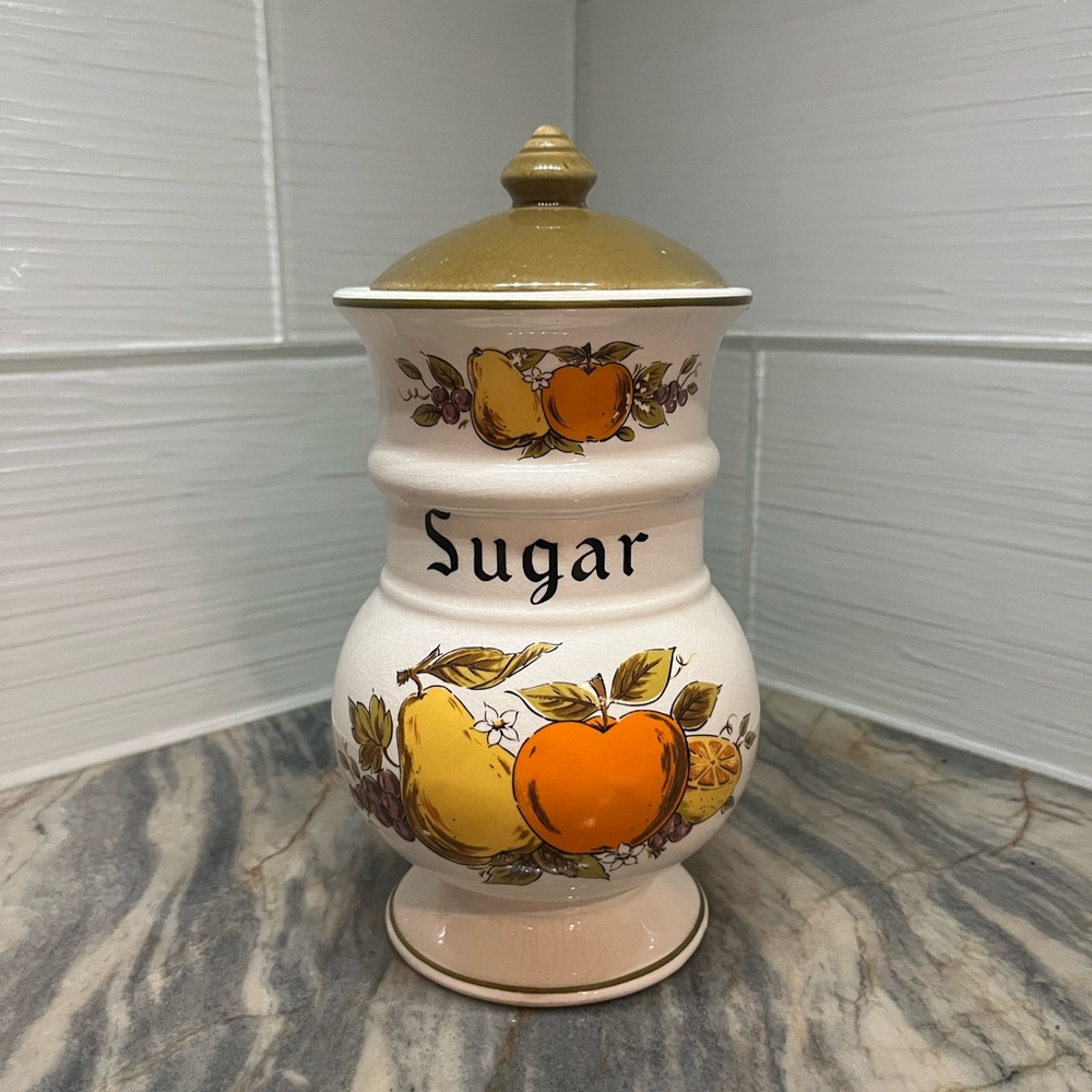 Vintage Retro MCM Ceramic Sugar Canister 1970s Fruits Apple Pear Lemon Japan